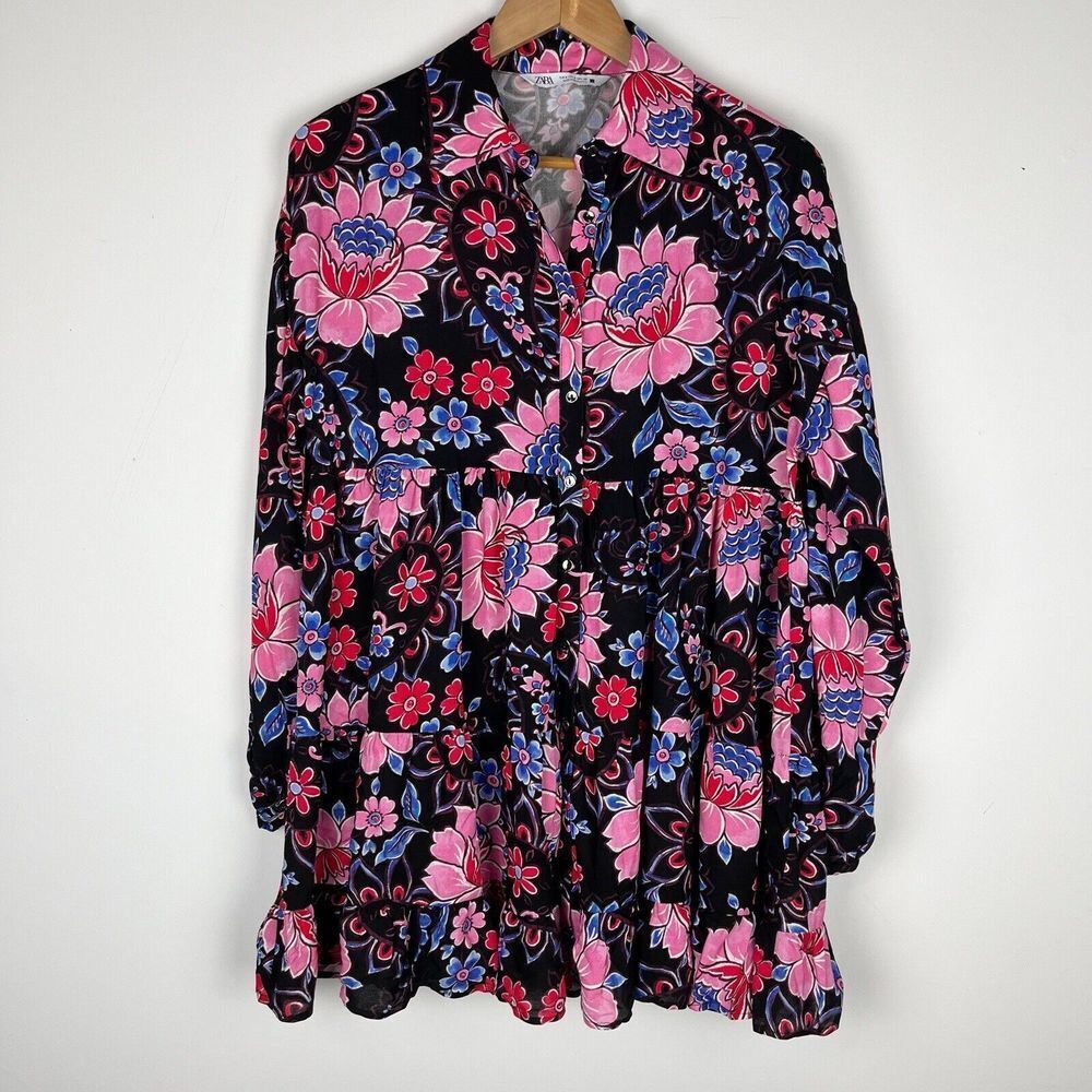 Zara‎ dress floral print long sleeve size Small Pink Black Swing Flare Dr…